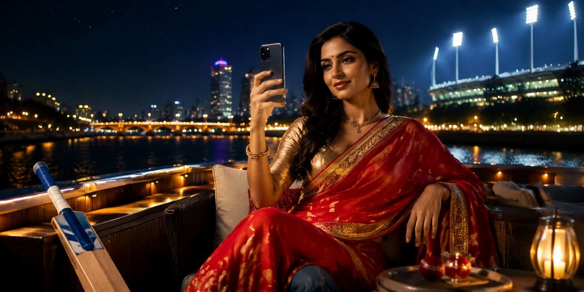 Cricket enthusiast placing bets on mobile by Ahmedabad riverfront